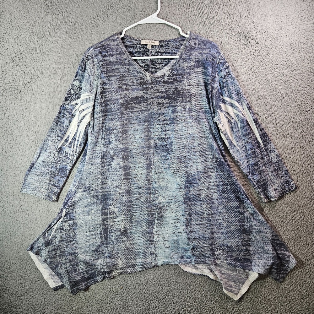 Jess & Jane Tunic Tee Top Women Large Glitter Stretch Gray White